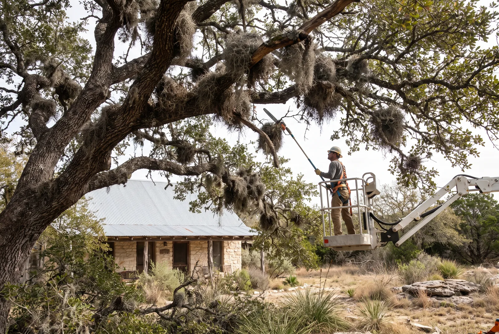 Arborist on a lift removing ball moss and dead interior wood from a live oak canopy above a limestone home