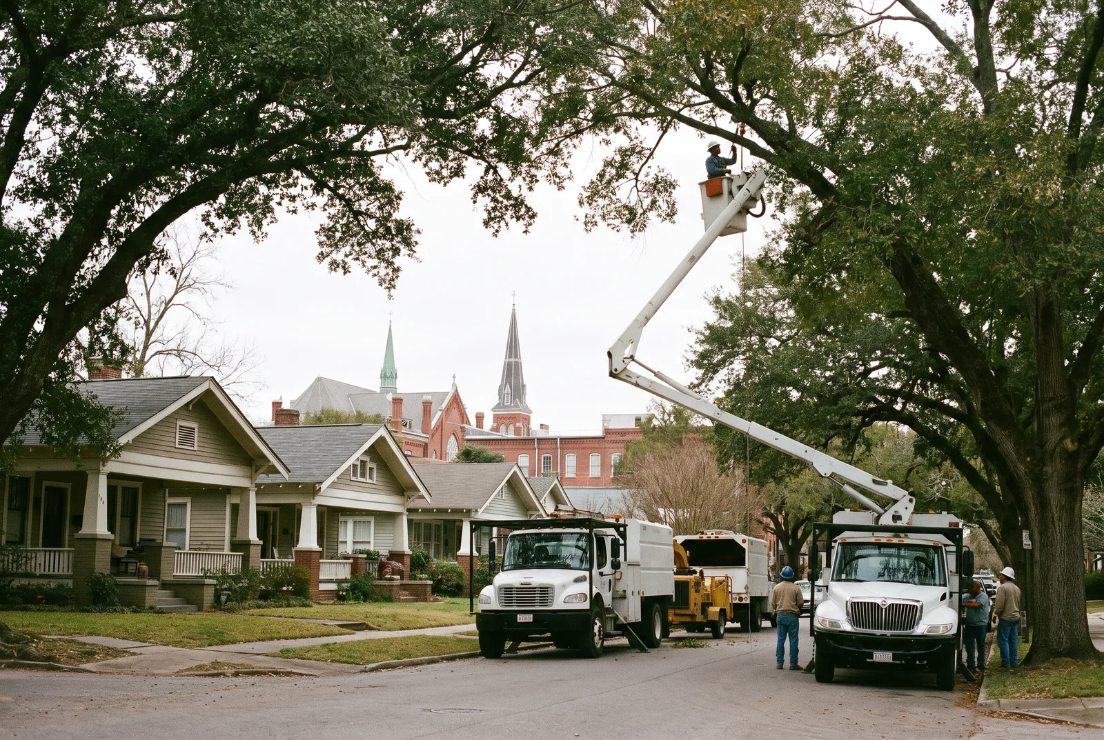 Bucket truck and chip truck on a street of 1920s bungalows in Old Town Georgetown, crew trimming a big pecan from the bucket
