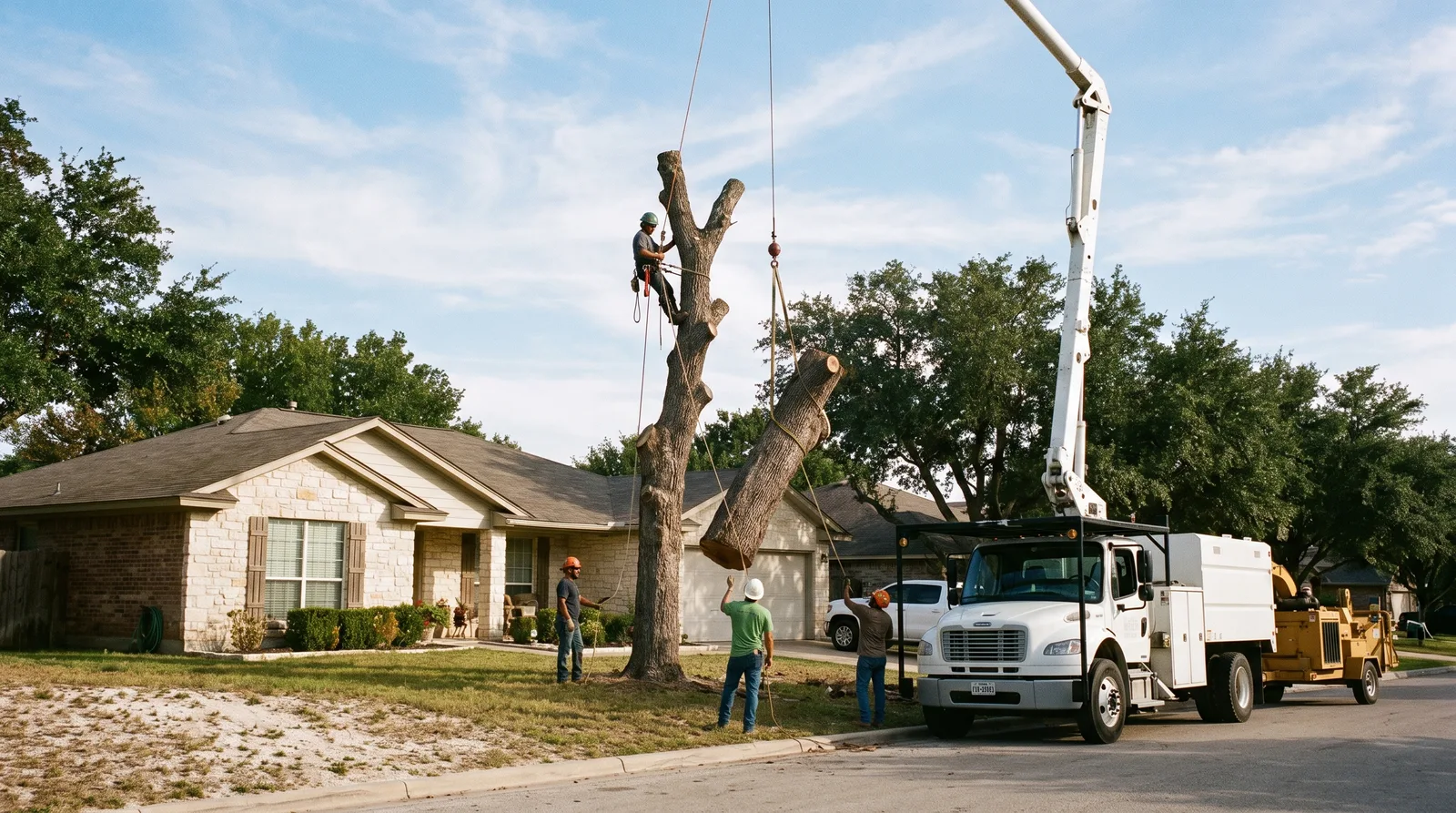 Tree crew lowering trunk sections of a dead post oak beside a limestone ranch home in Georgetown, TX, bucket truck and chipper at the curb