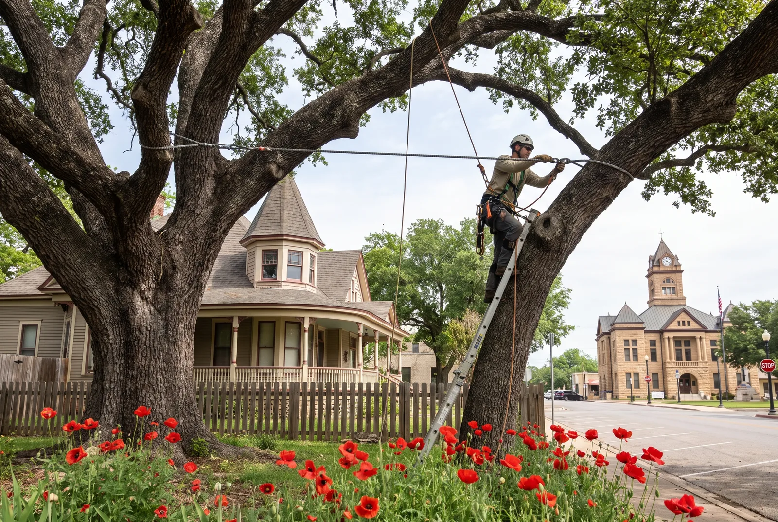 Arborist installing a support cable between two leaders of an old live oak beside a Victorian porch-front home near Georgetown's square