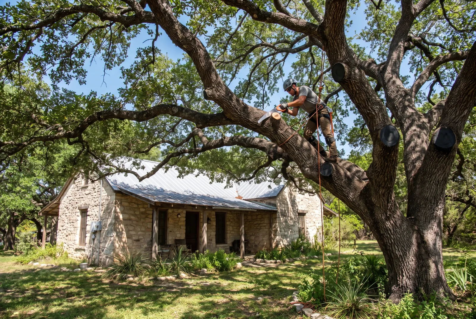 Arborist making a clean pruning cut in an old live oak over a limestone Hill Country home, fresh cuts already painted against oak wilt