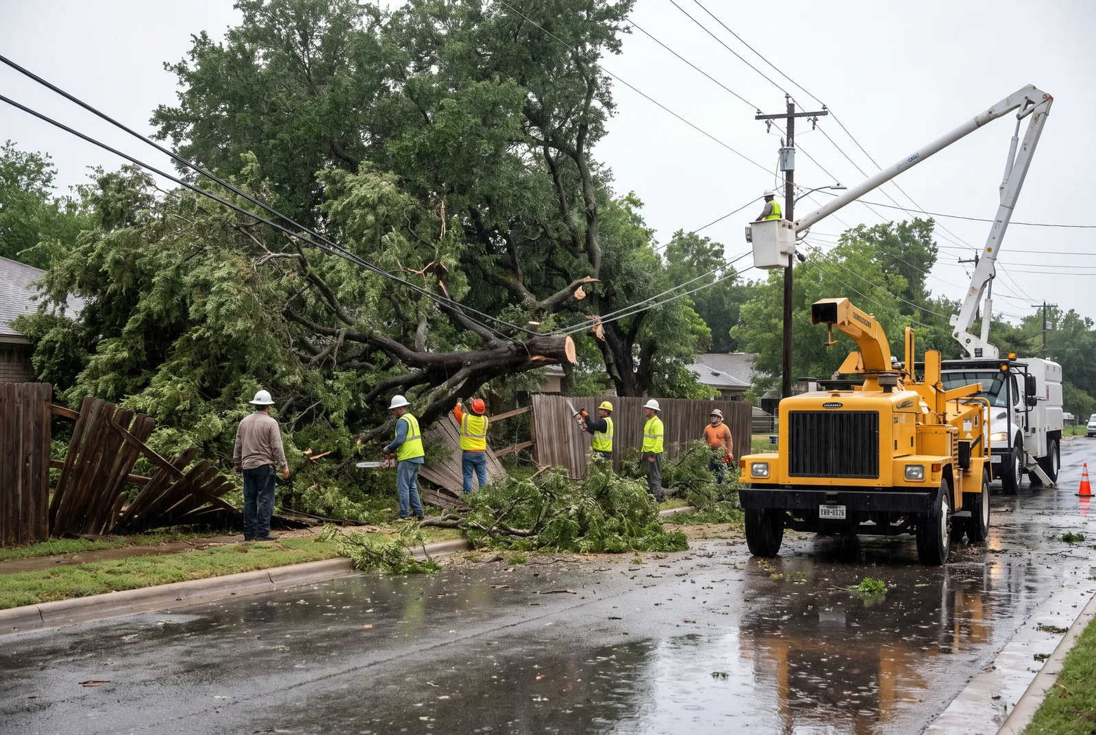 Crew cutting up a cedar elm that fell across a Georgetown street and onto a power line after a severe thunderstorm
